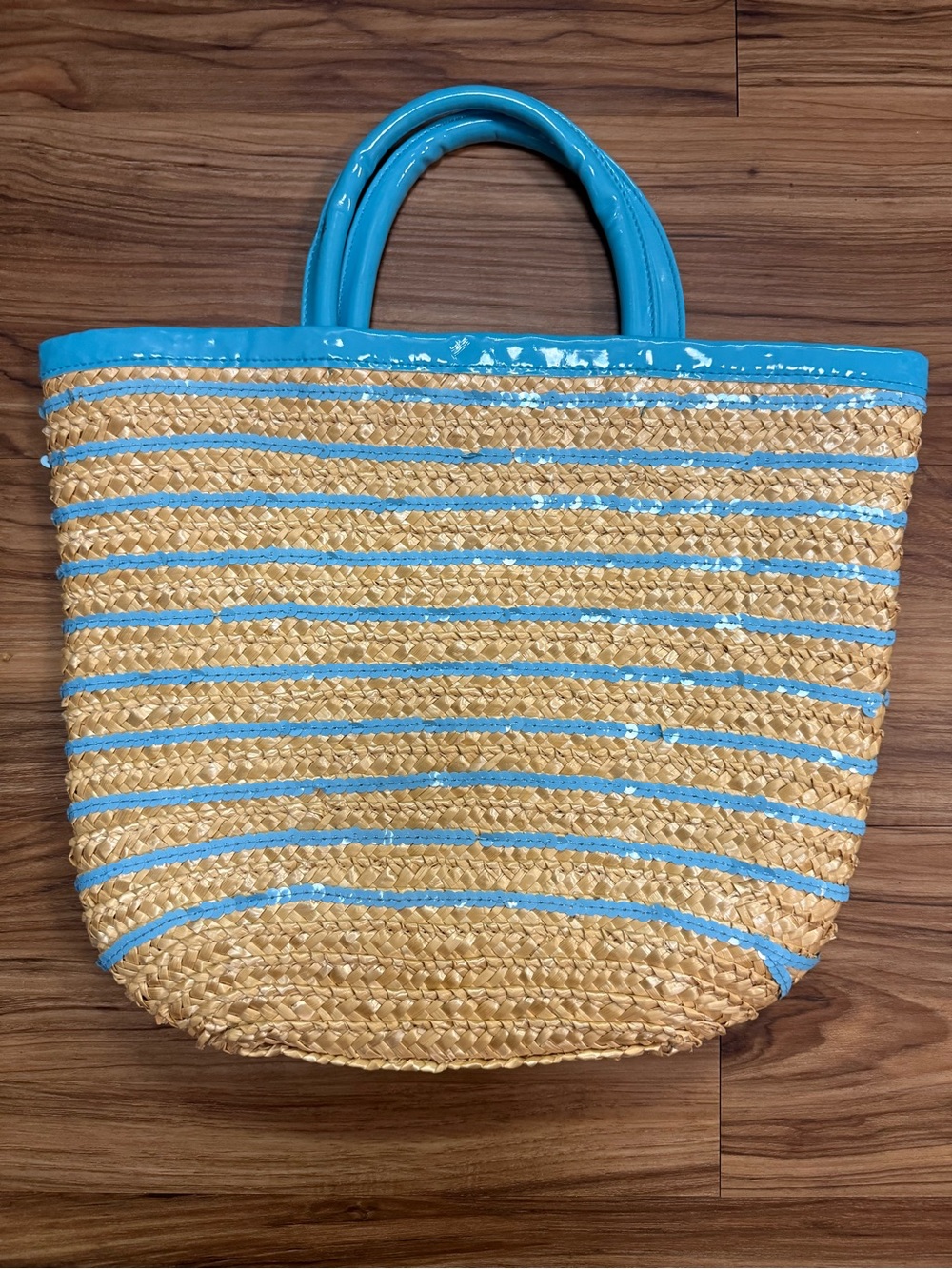 Straw Tote Bag- Blue/Turquoise Sequined Striped design- 11-x13” like new!